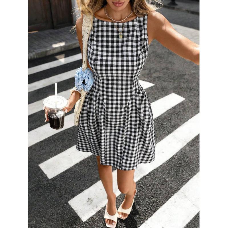Europe, America 2026 summer new French retro plaid waist thin straps sleeveless dress XS
