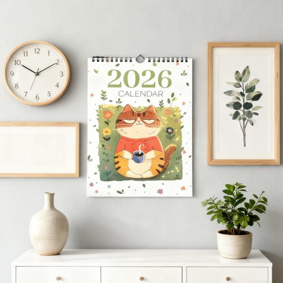 Yousheng 2026 Hand-Painted Cat Wall Calendar 12-Month Planner Feline Illustrations Thick Paper Calendar Gift for Pet Lovers