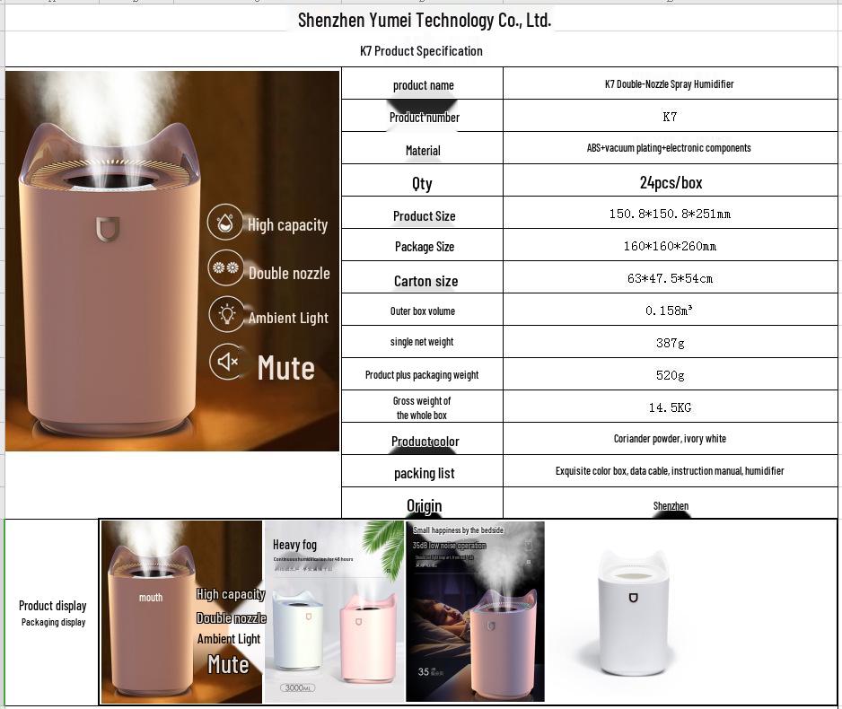 New 3L Double Spray USB Humidifier: Silent Air Purifier for Home, Bedroom, and Office.