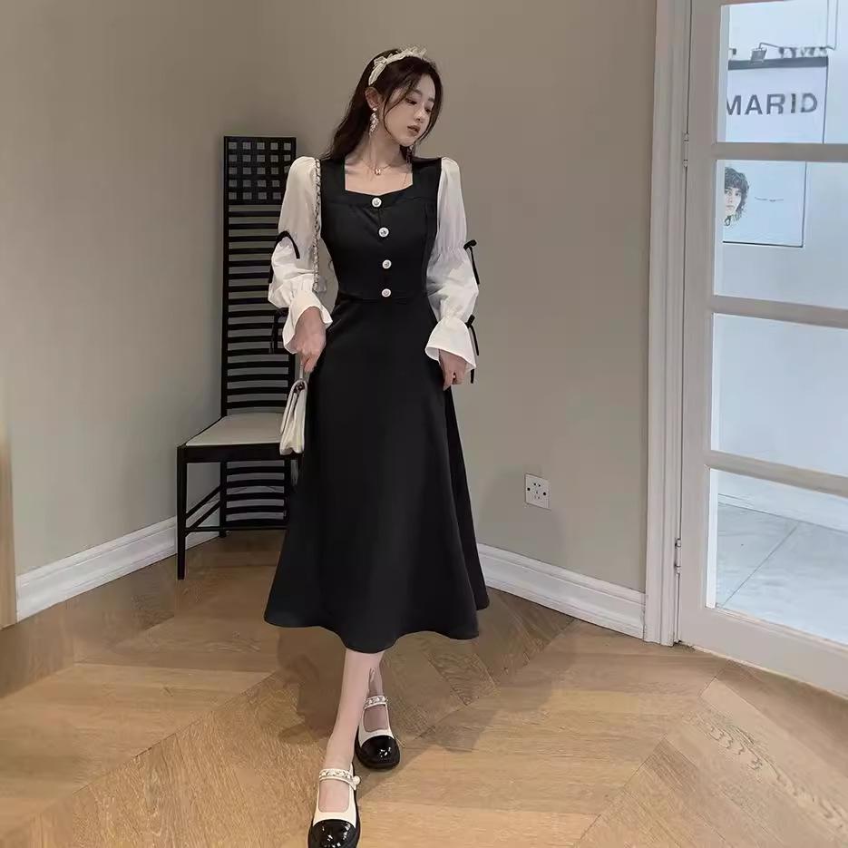 2024 Retro A-Line Black & White Square Neck Slimming Dress