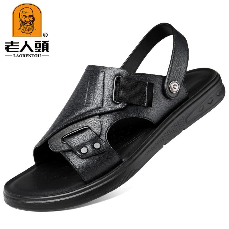 

Мужские сандалии для пожилых людей, первый слой из коровьей кожи, повседневная нескользящая пляжная обувь, кожаные сандалии двойного назначения для вождения 47 чёрный