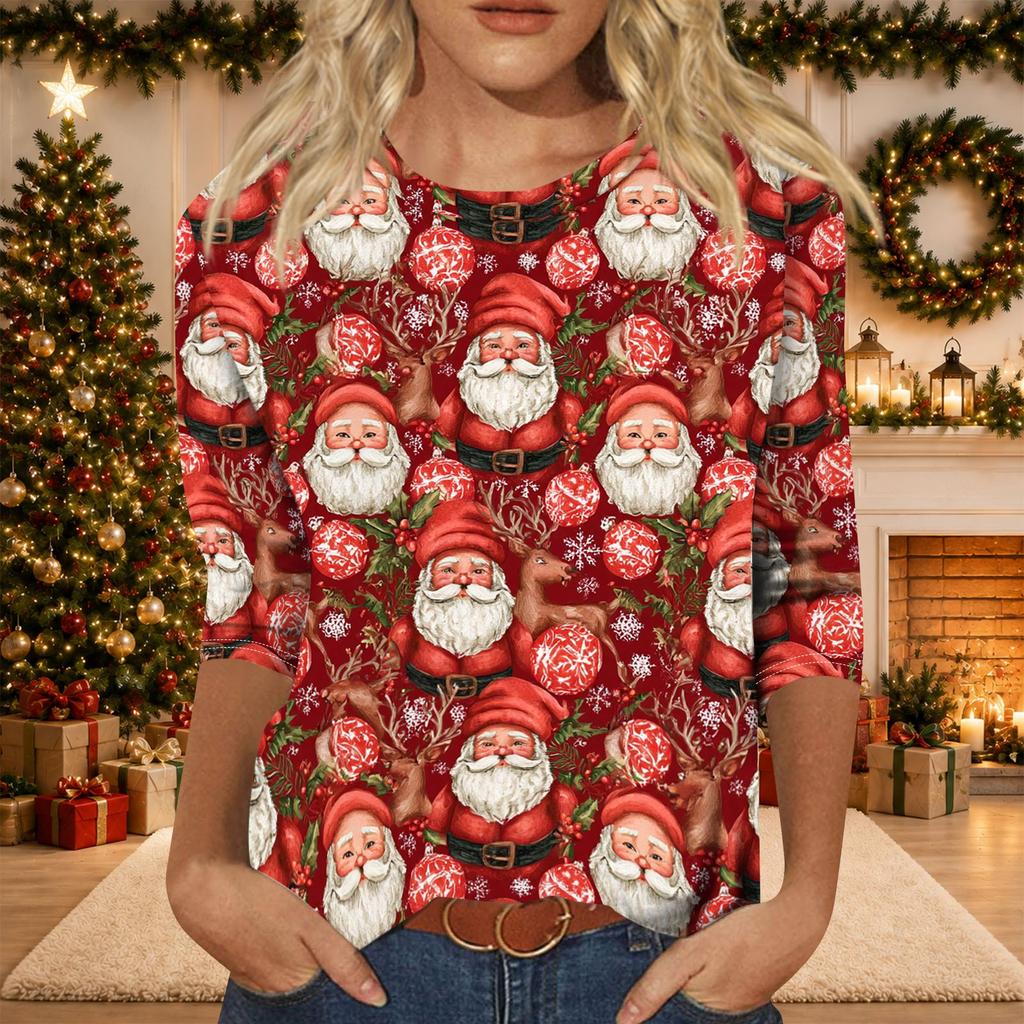 Women's Casual Three-Quarter Sleeve Christmas Print Neck Top for Giving