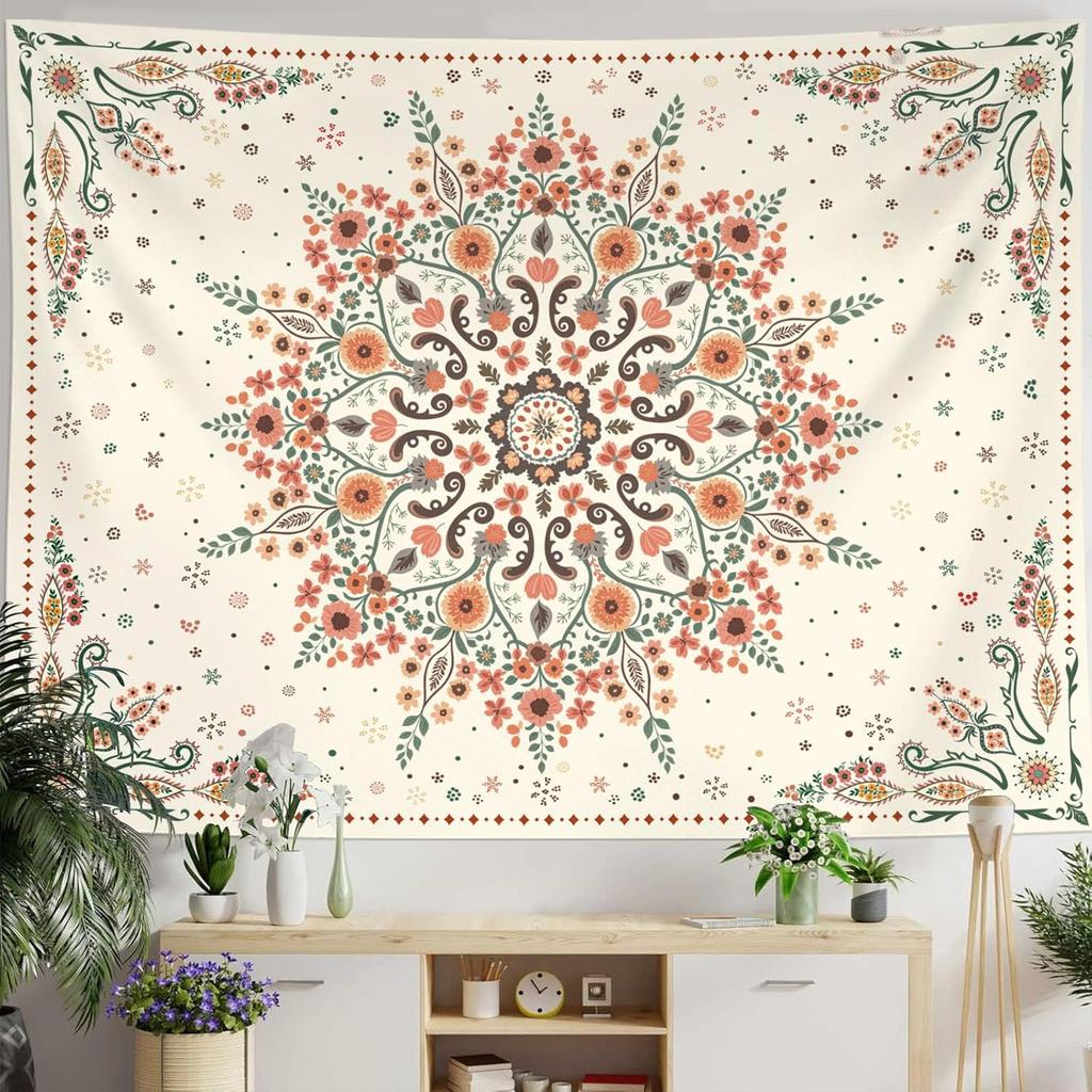 Bohemian Tapestry Wall Hanging, Beige Pink Floral Tapestry With Wild Flower Medallion Print Bedroom Boho Home Decor,White Wreath
