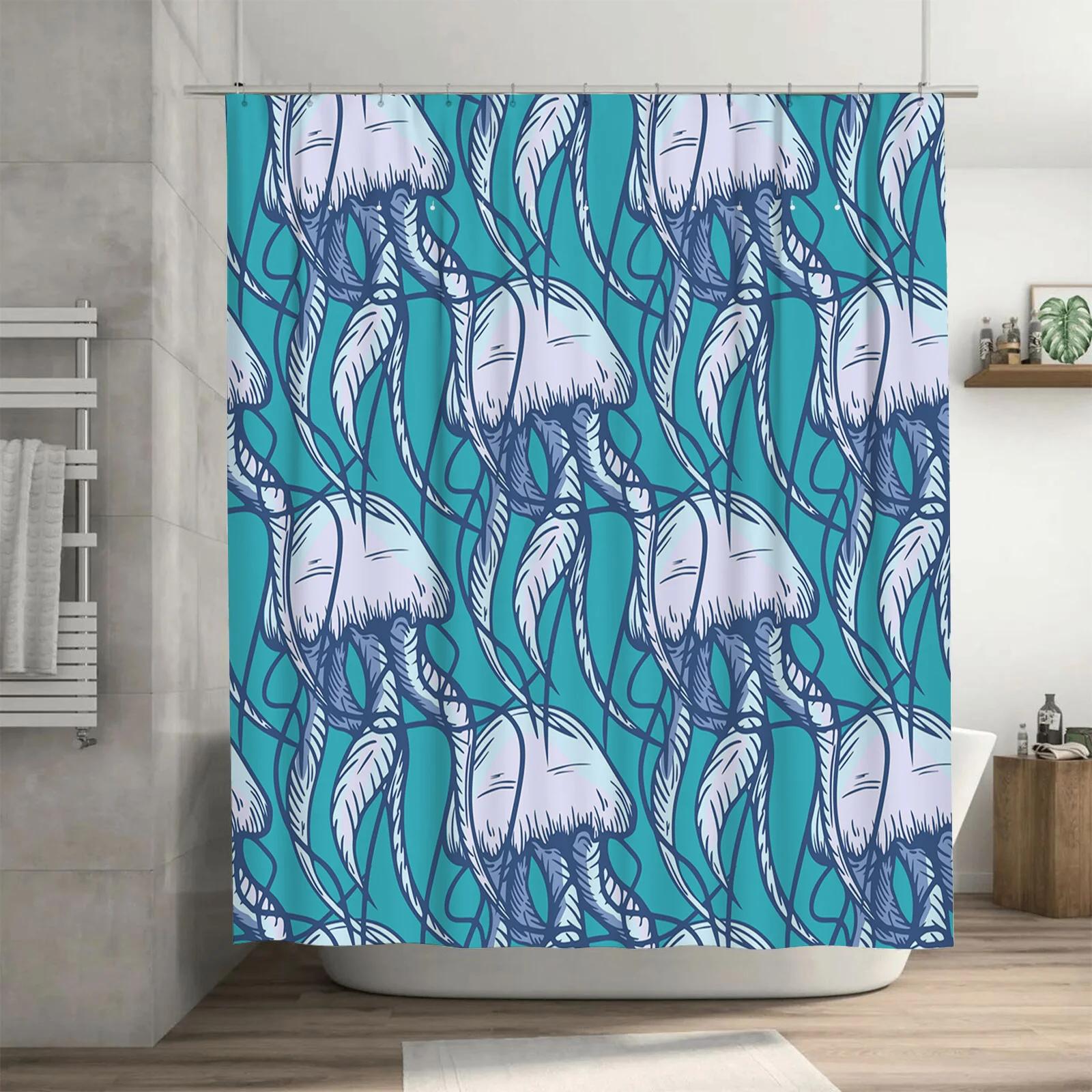 

Blue Floral Print Shower Curtain Bathroom Decor With White Bathtub Set In Brick Wall Background W60H190(CM)-1 Pcs