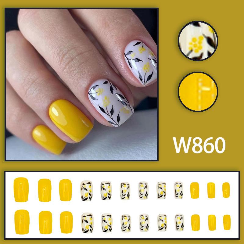 European & American Style Brightening Ginger Leaf Floral Press-On Nails