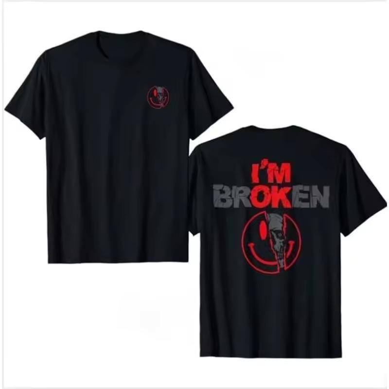 “Men's/Women's 'I'm Broken' Graphic T-Shirt Dark Grunge Smile Skull Back Print Oversize Black Tee Edgy Punk Streetwear”