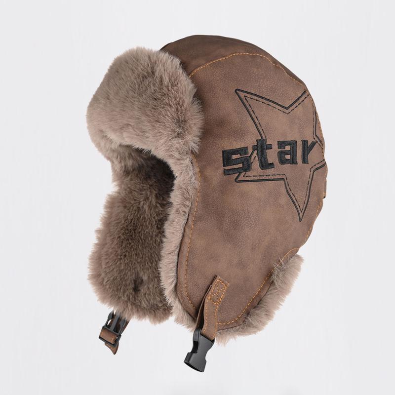 Men Winter Bomber Hat Outdoor Motorcycle Windproof Warm Faux Fur Pilot Earflap Hat Leather Thermal Ushanka