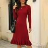 Women's Fashion Autumn Winter Slim Mid-length Knitted Pullover Ruffled Pleated Dress Pleats