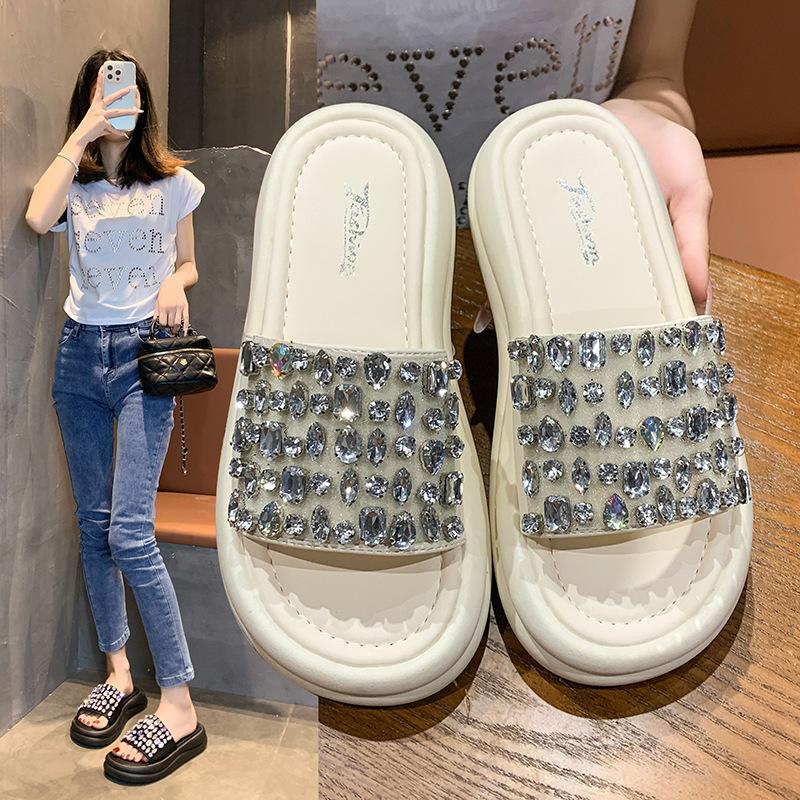 

Women s slippers spring and summer new outer wear thick-soled flat-soled muffin shoes rhinestone beaded one-word sandals beach shoes 40