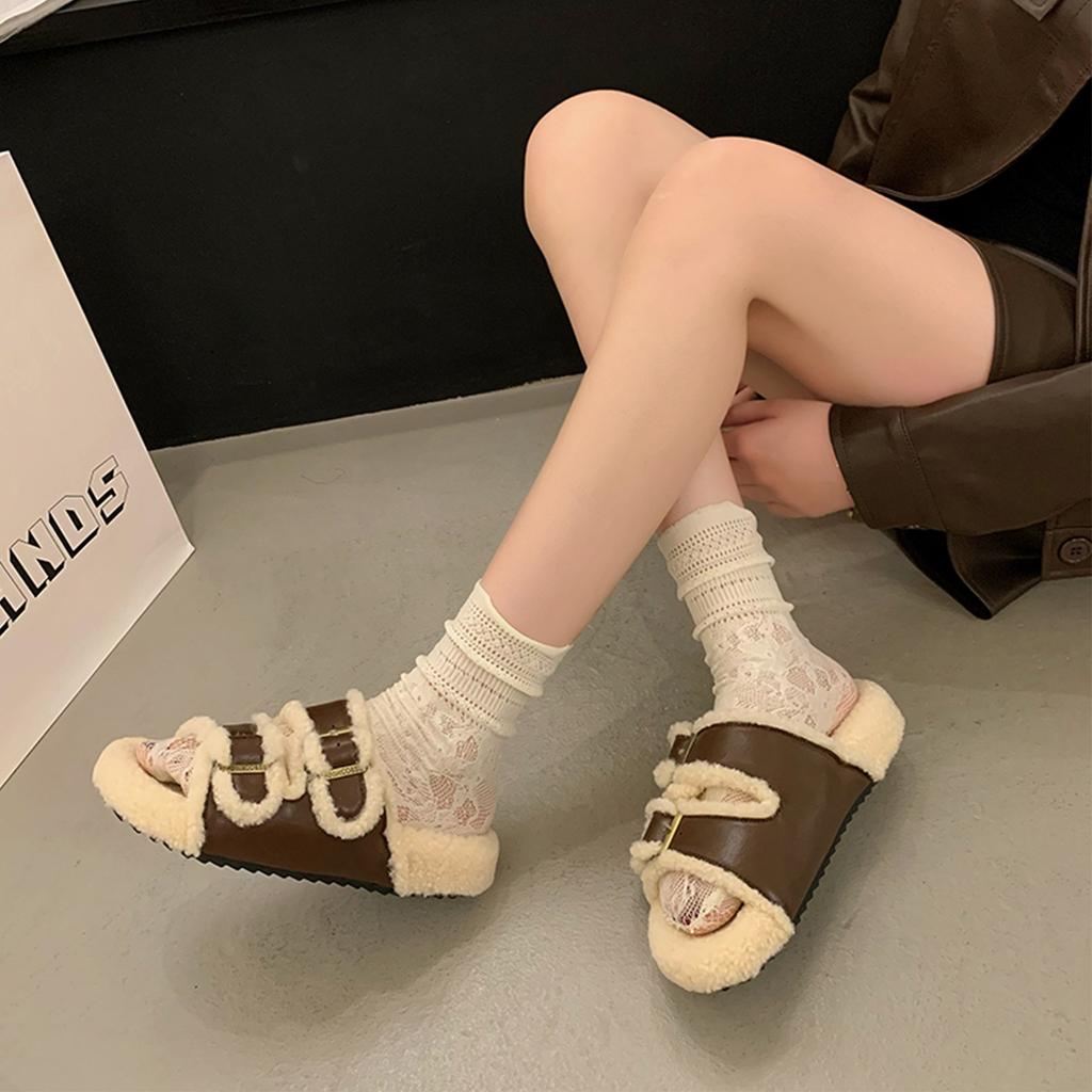 [Uncle Shoes] Birkenstock's New 2025 Going Out, Fluffy Cotton Slippers, Thick-soled Fluffy Slippers, Women's Outer Wear Retro Home