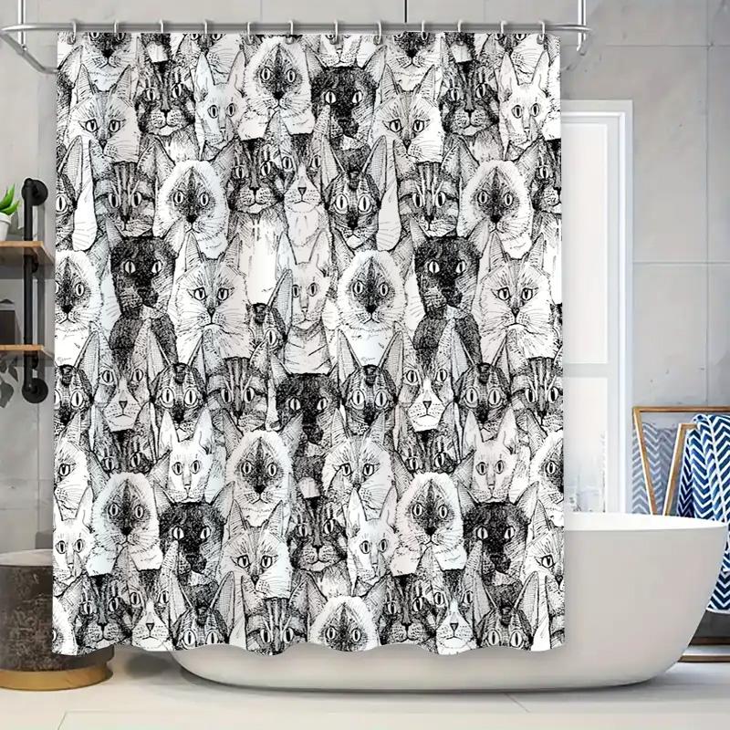 

Cat Shower Curtain Vintage Gothic Animal Pattern Bathroom Decor Waterproof Liner Artistic Home Decoration Modern Black White Tap W60H190(CM)-1 Pcs