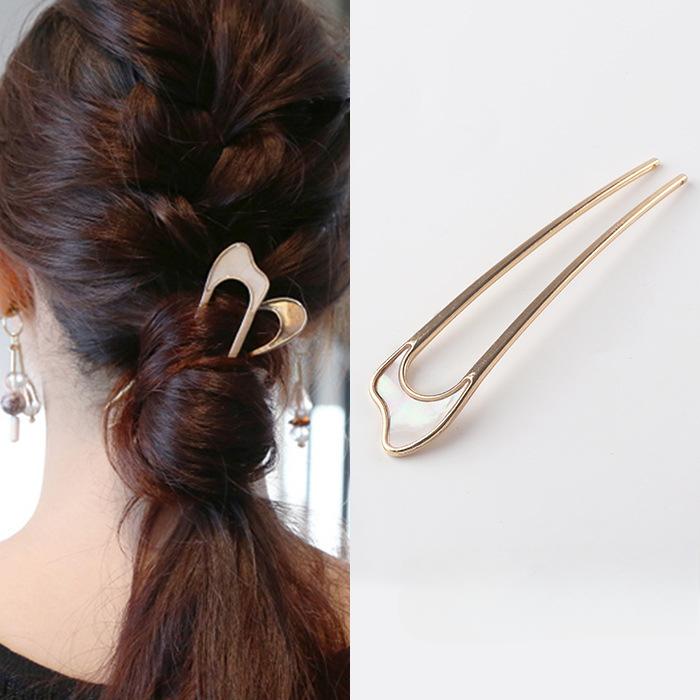 Metal U Shaped Hair Stick for Women Girls Silver Gold Color Vintage Elegant Shell Enamel Ponytail Hairpin Female Headwear Gifts