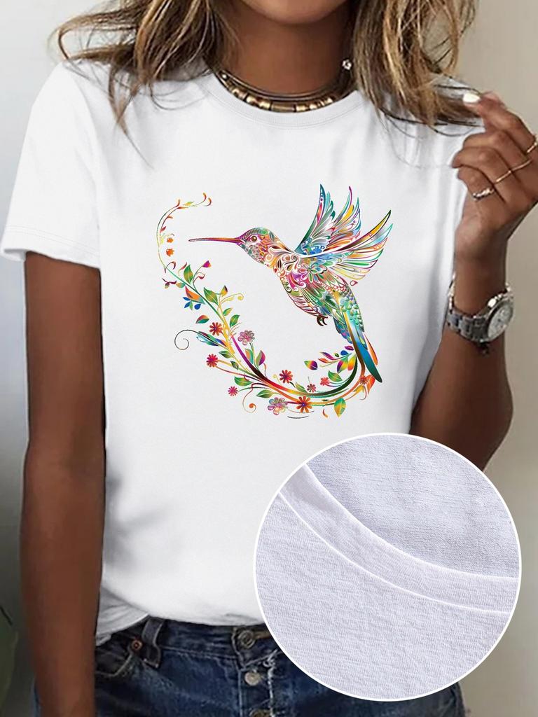 Hummingbird Print Short-sleeved T-shirt Spring and Summer Casual Crew Neck Top Women's Clothing Women Clothing