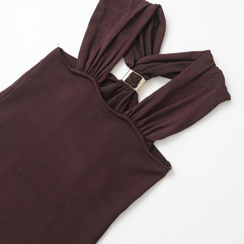 Kaslead New Arrival Women's Fashion Style Gold Inlaid Wide Shoulder Strap Hanging Collar Knitting Tops 4938116