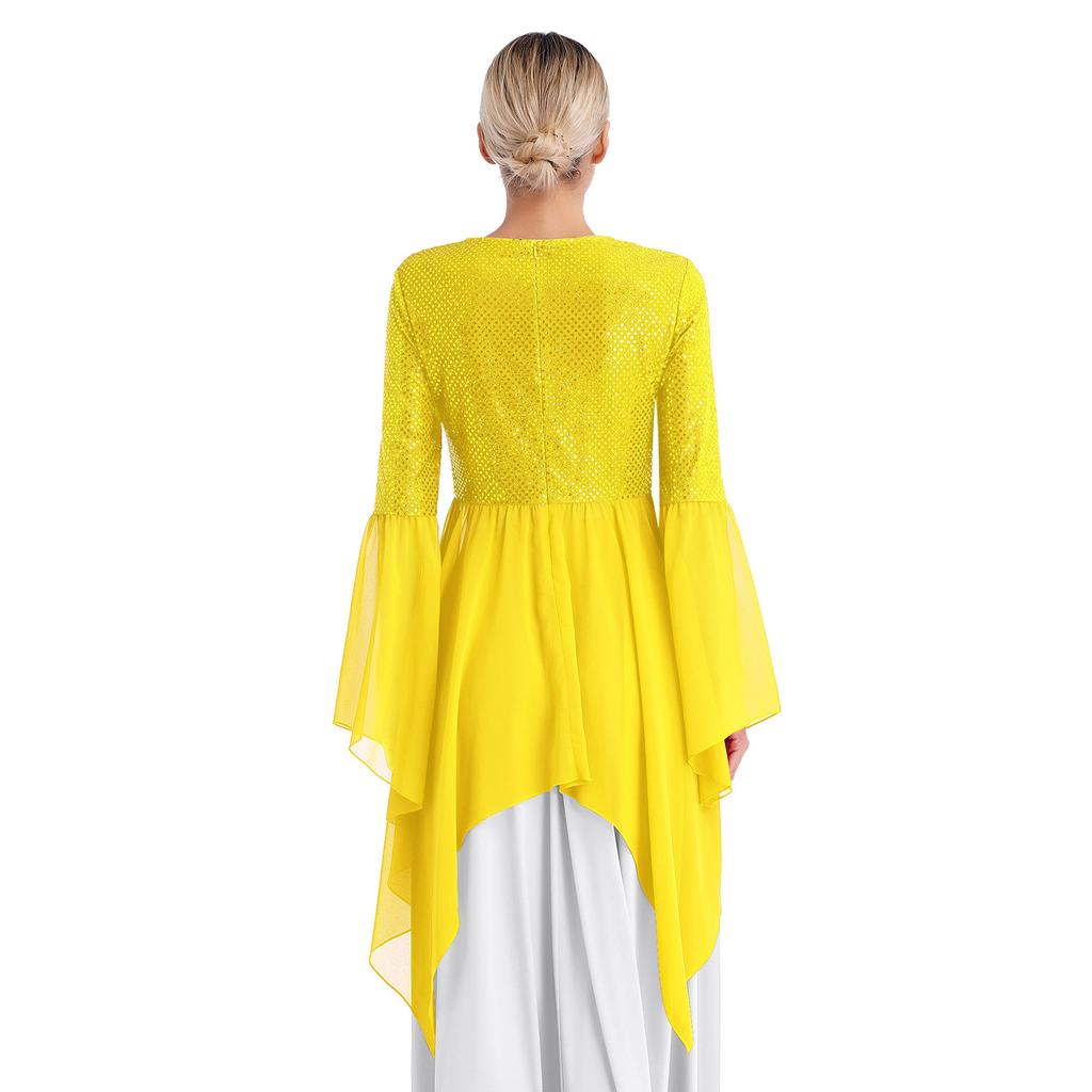 Dámská třpytivá šifonová liturgická tunika na chvály s nepravidelným lemem, vrchní díl na uctívací tanec