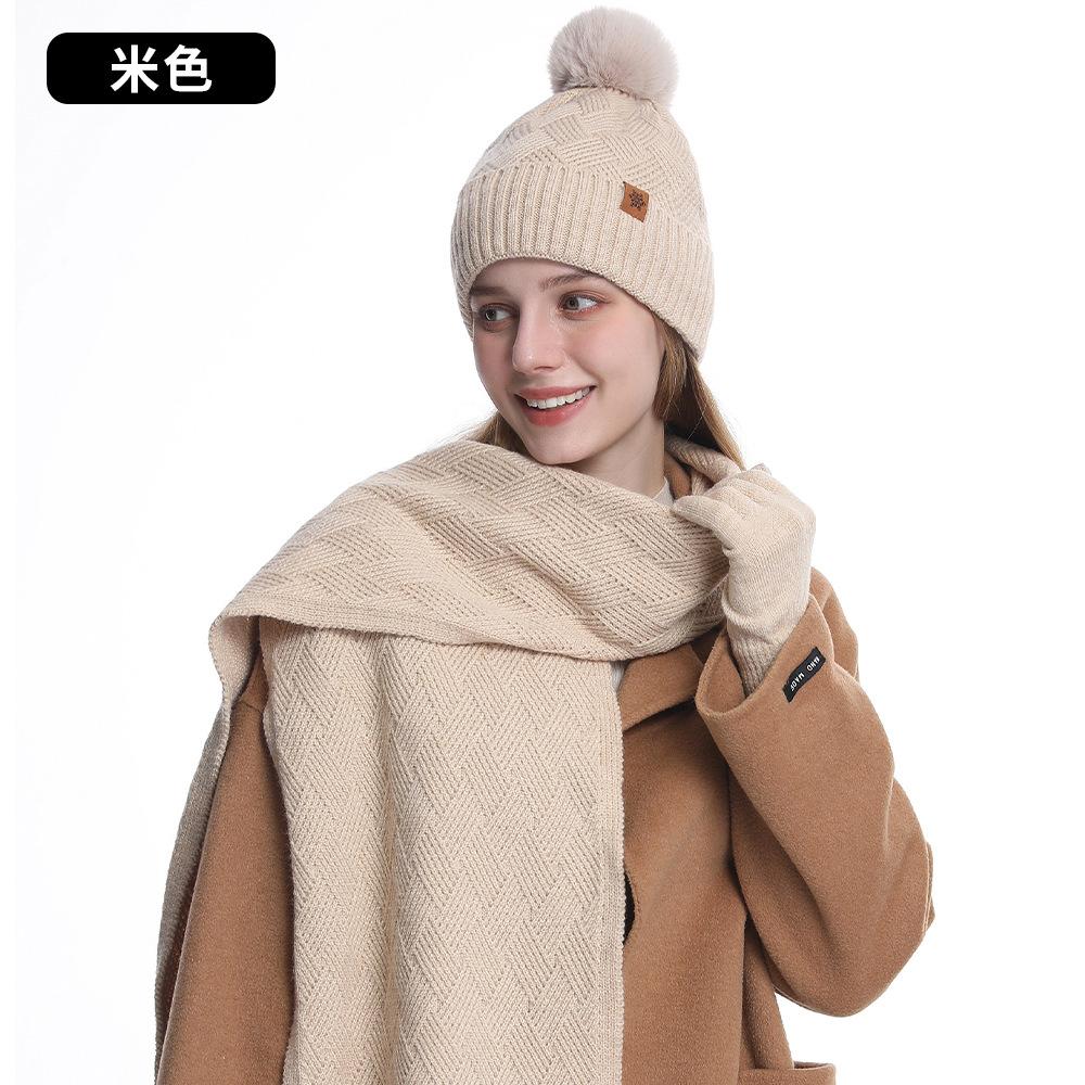 Autumn and Winter Wool Knitted Hat Warm Double Layer Piled Thickened Women's Hat Scarf Gloves Three-piece Set