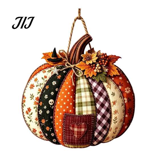 Seasonal Indoor Outdoor Sign Patchwork Pumpkin Wooden Door Hanger, Fall Harvest Halloween Decorative Maple Leaf Wreath with Leaves Berries, Farmhouse