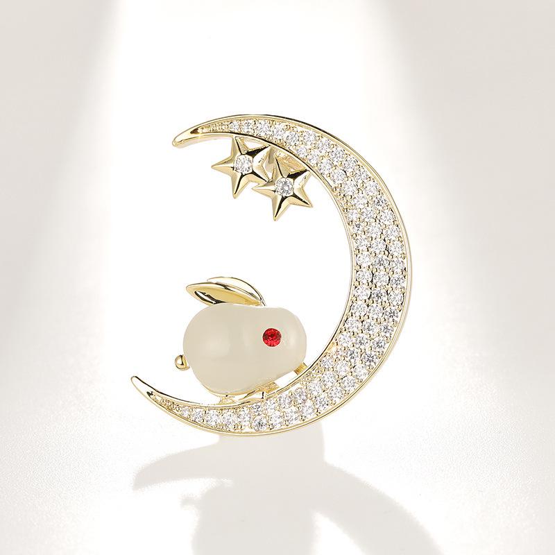 Bo Xin Yun Hetian Jade Rabbit Brooch with Zircon Moon - Elegant Corsage Pin
