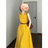 Summer Large Size Fat Mm French Niche Yellow Lapel Sleeveless Shirt Dress Fashion Temperament Waist Long Dress Women