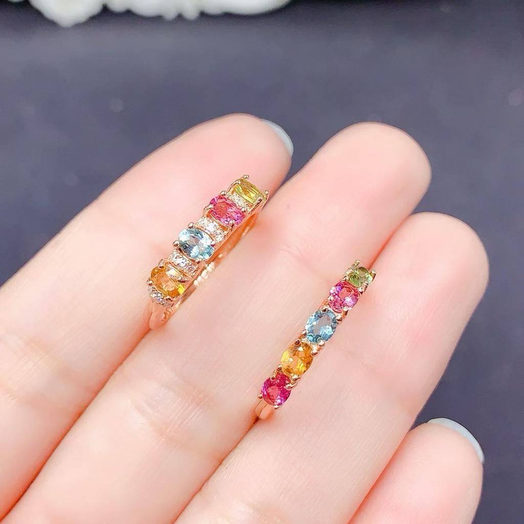 S925 Sterling Silver Adjustable Tourmaline Stackable Ring - Versatile & Fashionable Finger Ring.