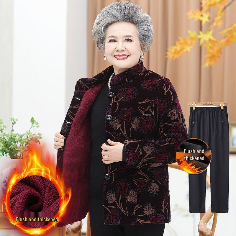 Fleece-Lined Winter Jacket for Middle-Aged and Elderly Women: Grandma Style, Thickened Cotton, Two-Piece Set (Top and Jacket).