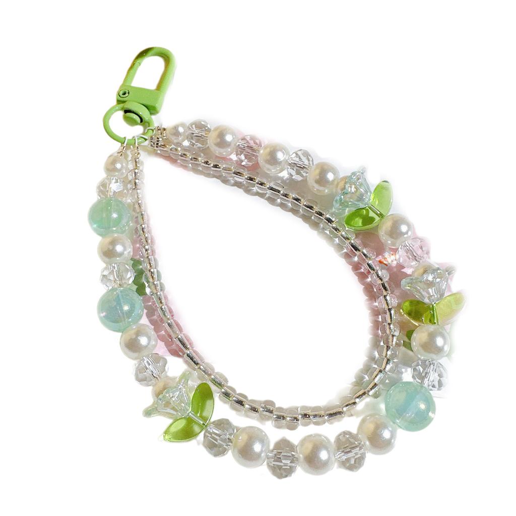 Fashion Double Layer Flower Beaded Charm Pendant Chain Phone Strap Pocket Keychain Strap Decoration for Keys Bag Purse