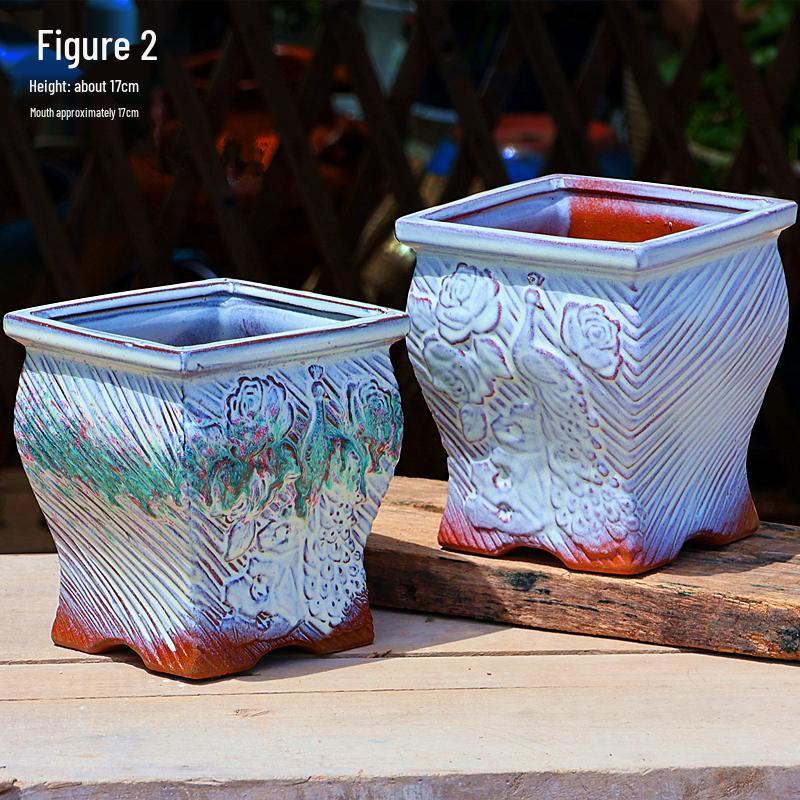 Creative Handmade Coarse Pottery Terracotta Pot - Large Square Glossy Glazed Planter with Low Breathable Rim for Succulents and Pothos