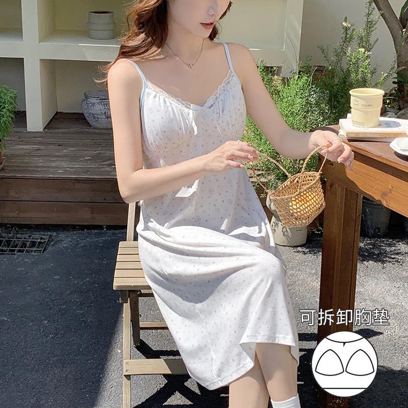 Vernis Summer Jacquard Cotton with Chest Pad Sleeveless Suspender Nightdress Sweet and Cute Printed Loungewear Can Be Worn Outside