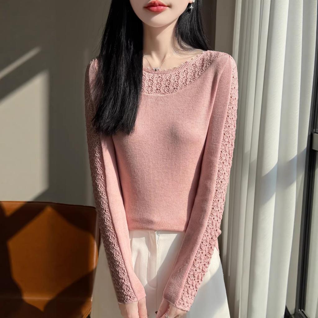 Women S Long Sleeve Knit Sweater One Neck Crochet Hollow Basic Top