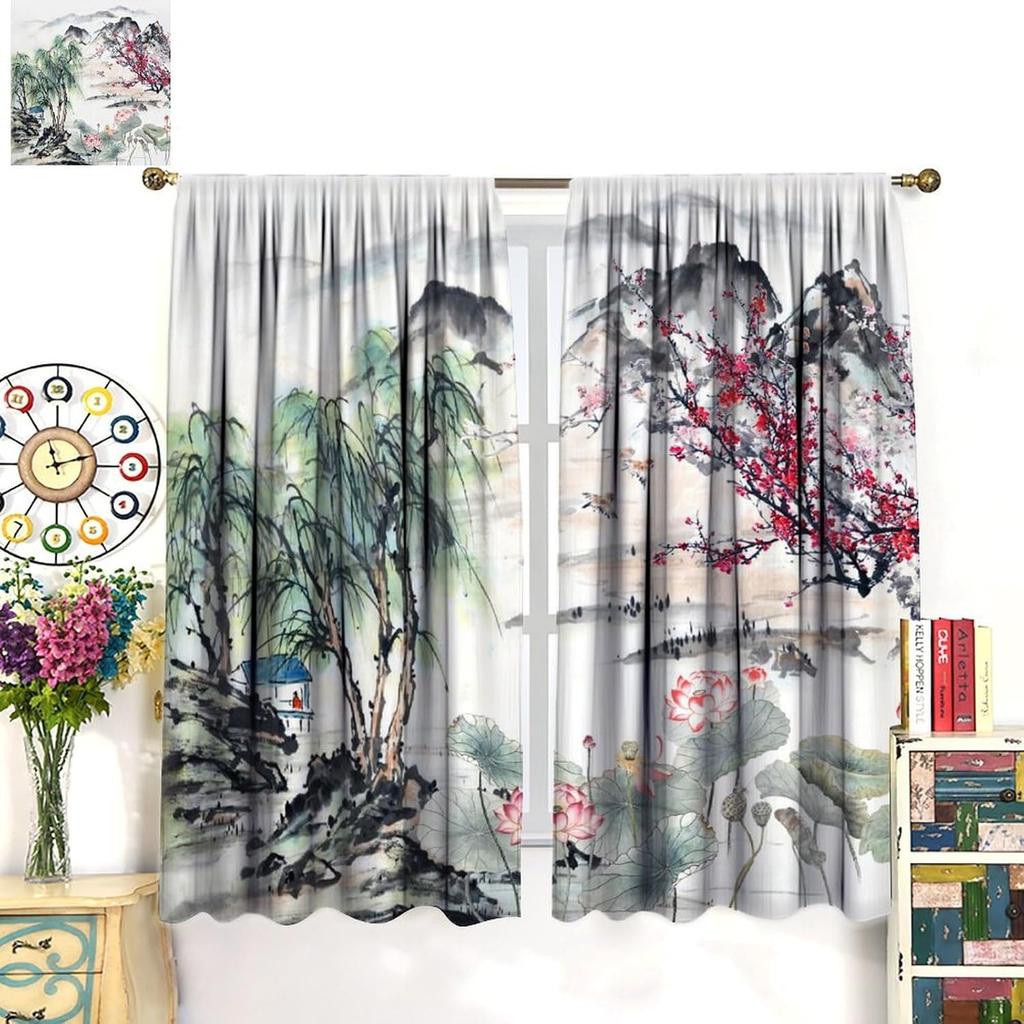 Asian Cherry Blossom Curtains Bedroom Japanese Traditional Landscape Ink Nature Plum Lotus Flower Windo Curtain Polyester Perfect For Sleeping Area