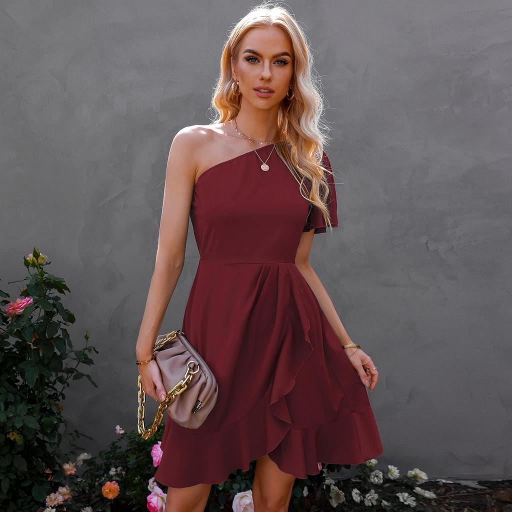 Woman Bodycon Lotus Dress Summer Fashion Short Sleeve One Shoulder Party Mini Dresses Casual Female Boho Beach Dress