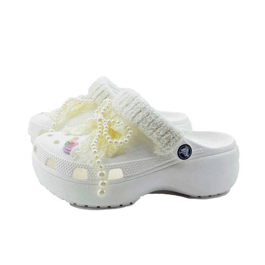 Crocs Classic Platform Clog EVA Pearl Bow Campus Style Hole Shoes Unisex White
