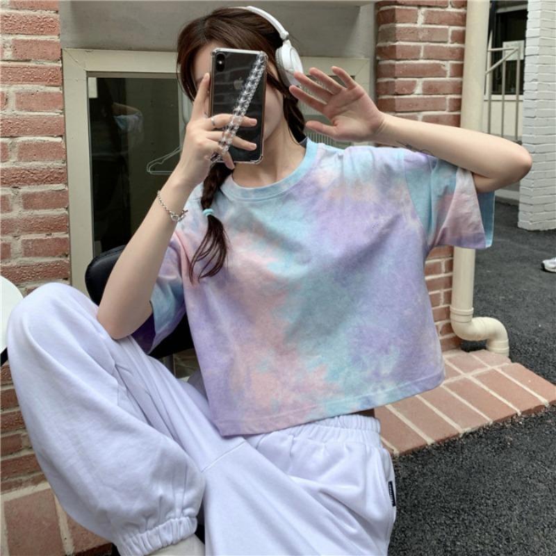 Women's Summer American Retro Tie-dye Short-sleeved T-shirt Thin Design Niche High-waisted Short Revealing Tops