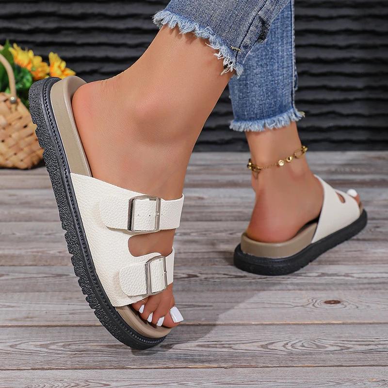 Fashion 2025 New Classic Buckle Strap Slippers Woman Soft Cork Footbed Thong Sandals Ladies Brand Design Comfort Beach Flip Flop Shoes