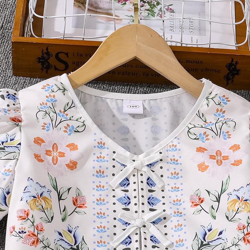 Girls' Fashion White Set: Spring/Summer Children's Casual Two-Piece Set with Puff-Sleeve Top and Wide-Leg Pants