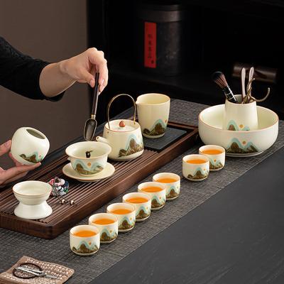 Ensemble à thé Kung Fu Qingshan en four Ru, luxe léger, théière, ensemble ménager, céramique, rétro, haut de gamme, tasse à thé, ensemble complet