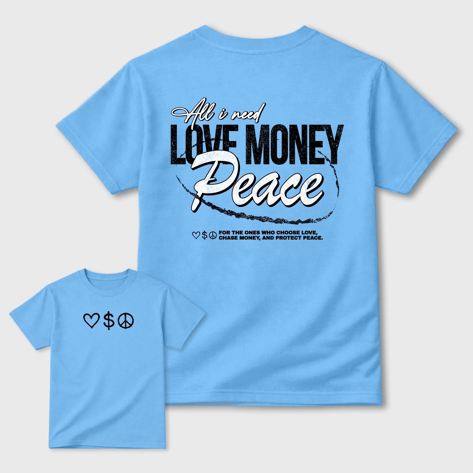 Love Money Peace graphic tee. Streetwear Brand Graphic T-Shirt. AJ14 University Blue M