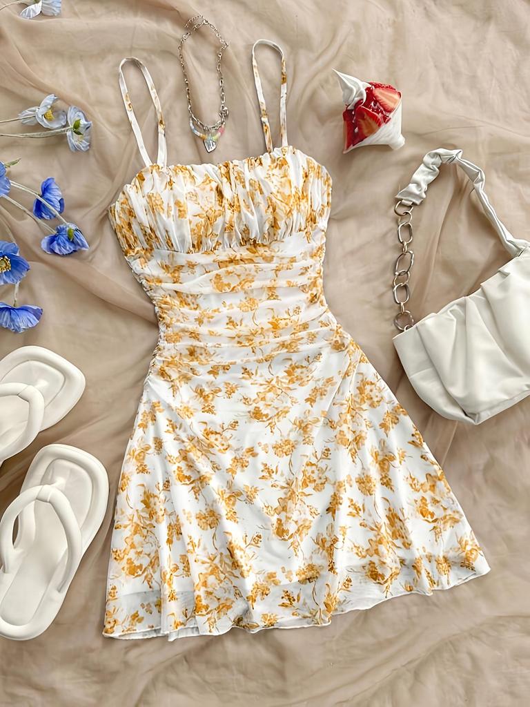 Abito con Spalline Sottili e Stampa Floreale Primavera/Estate 2025: Stile Vacanza Sexy a Vita Stretta per Donne