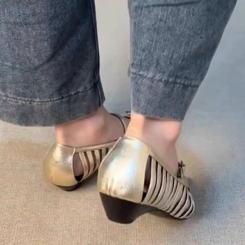 Women Sandals Pointed Toe Elegant Woman Hollow Out Narrow Band Sandals Summer Leather Low Heels Shoes Big Size Zapatos De Mujer