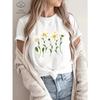 Women's Floral Print Short Sleeve T-Shirt - White Daisy & Green Leaf Design Casual Regular Fit Ladies T Shirts Casual Attire
