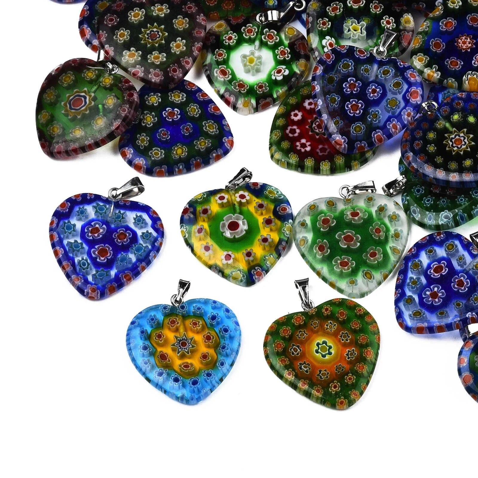 

10pcs Heart Cross Shape Handmade Millefiori Lampwork Pendants Flower Patterns For Jewelry Making Craft Necklace DIY Findings