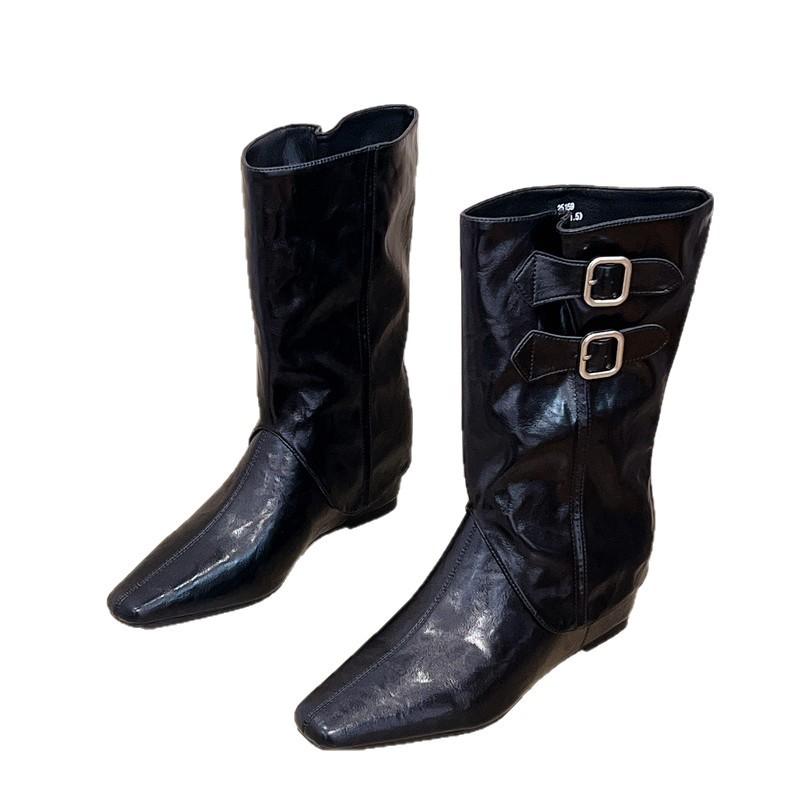 Cowhide Pointed Thick-soled Wedge Heel Removable Western Boots for Women 2025 Autumn and Winter New Pointed Women's Fashion Boots for Women