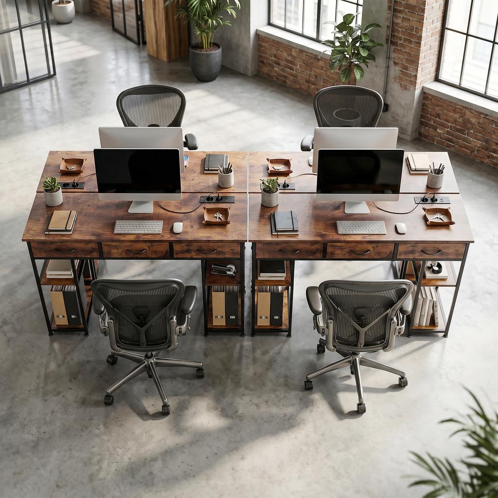 Desk with Storage and Power Outlets, 3 Fabric Drawers, 4 Shelves, 120 x 40 x 76 cm, Brown