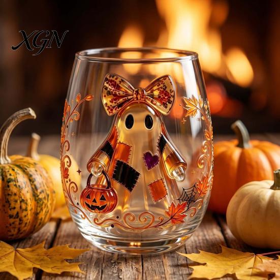 Personalized Daily Use Glassware Stemless Wine Glasses with Marine Animal Pattern, 420ml Capacity, High Borosilicate Halloween Themed Drinking