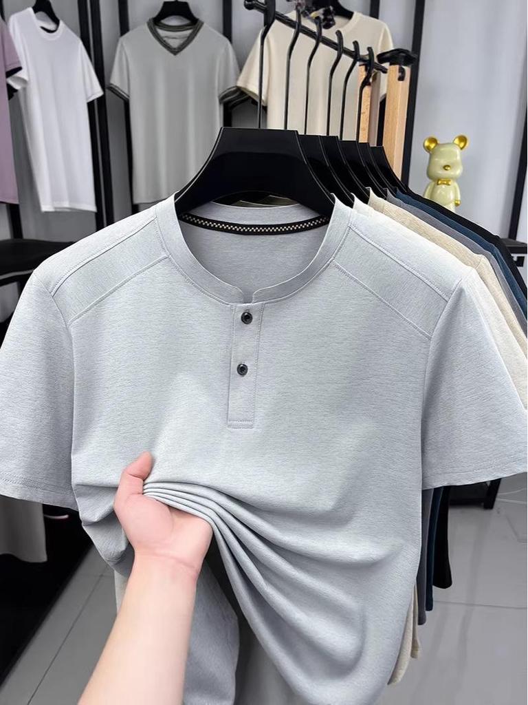 Men's Summer Short Sleeve Henley Collar Polo Shirt - Loose Fit, Solid Color, Casual Versatile T-shirt