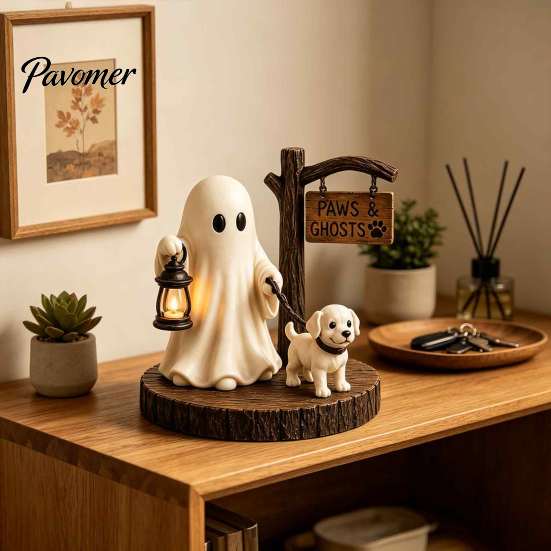 Healing Ghost Figurines Halloween Figurine, Vintage Cozy Reading Book/Walking Dog Statue with Lantern, Autumn Harvest Decorations Light Up Spooky