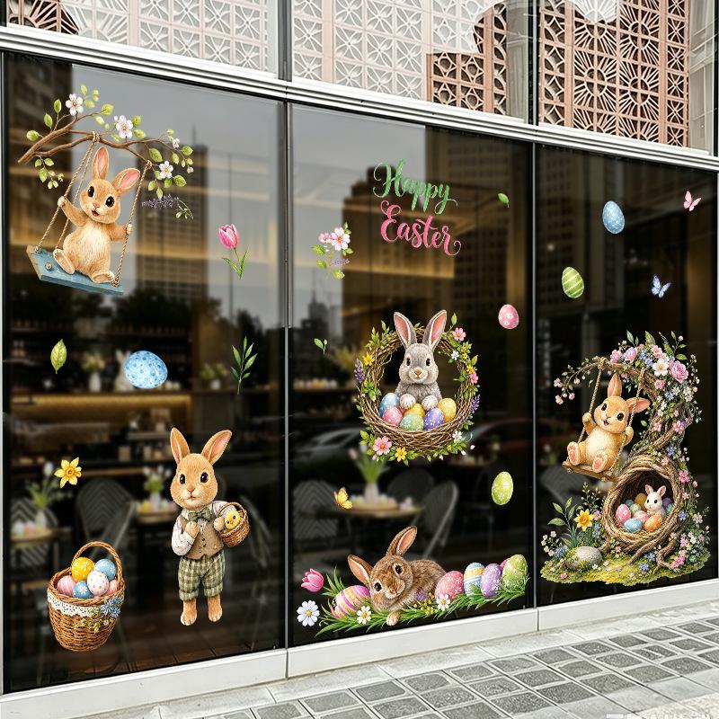 Easter Rabbit Egg Basket Static Window Sticker Self Adhesive Glass Showcase Decor