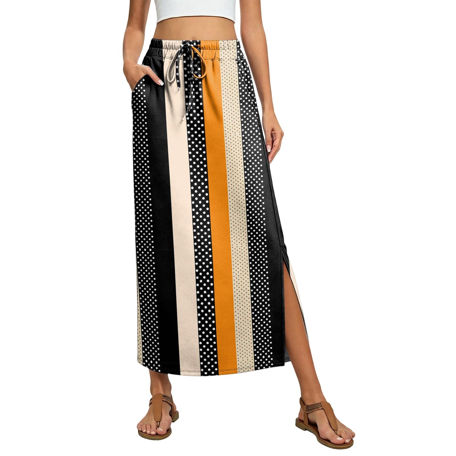 

Ladies striped printed elastic waistband drawstring pocket skirt XL жовтий