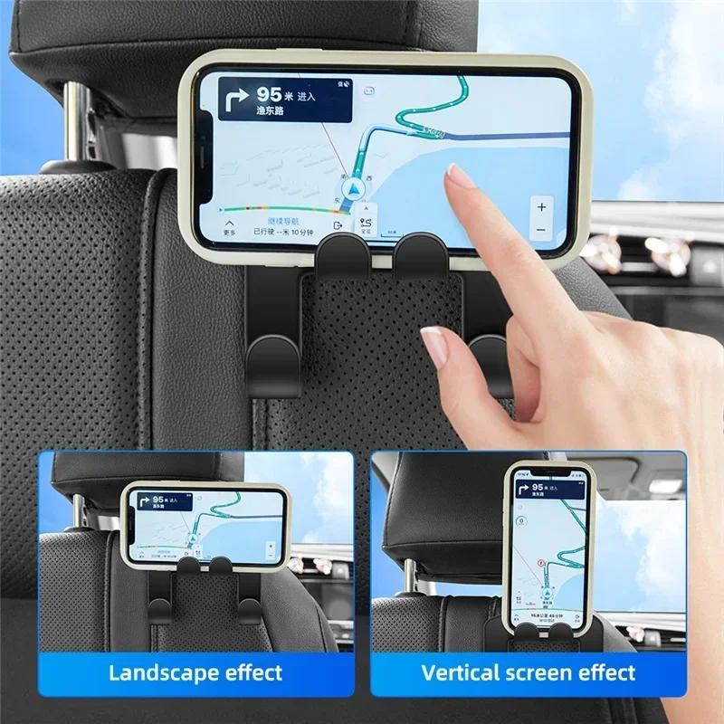 Car Headrest Phone Holder Hook Organizer Back Seat Hanger Mount Stand Black 2in1