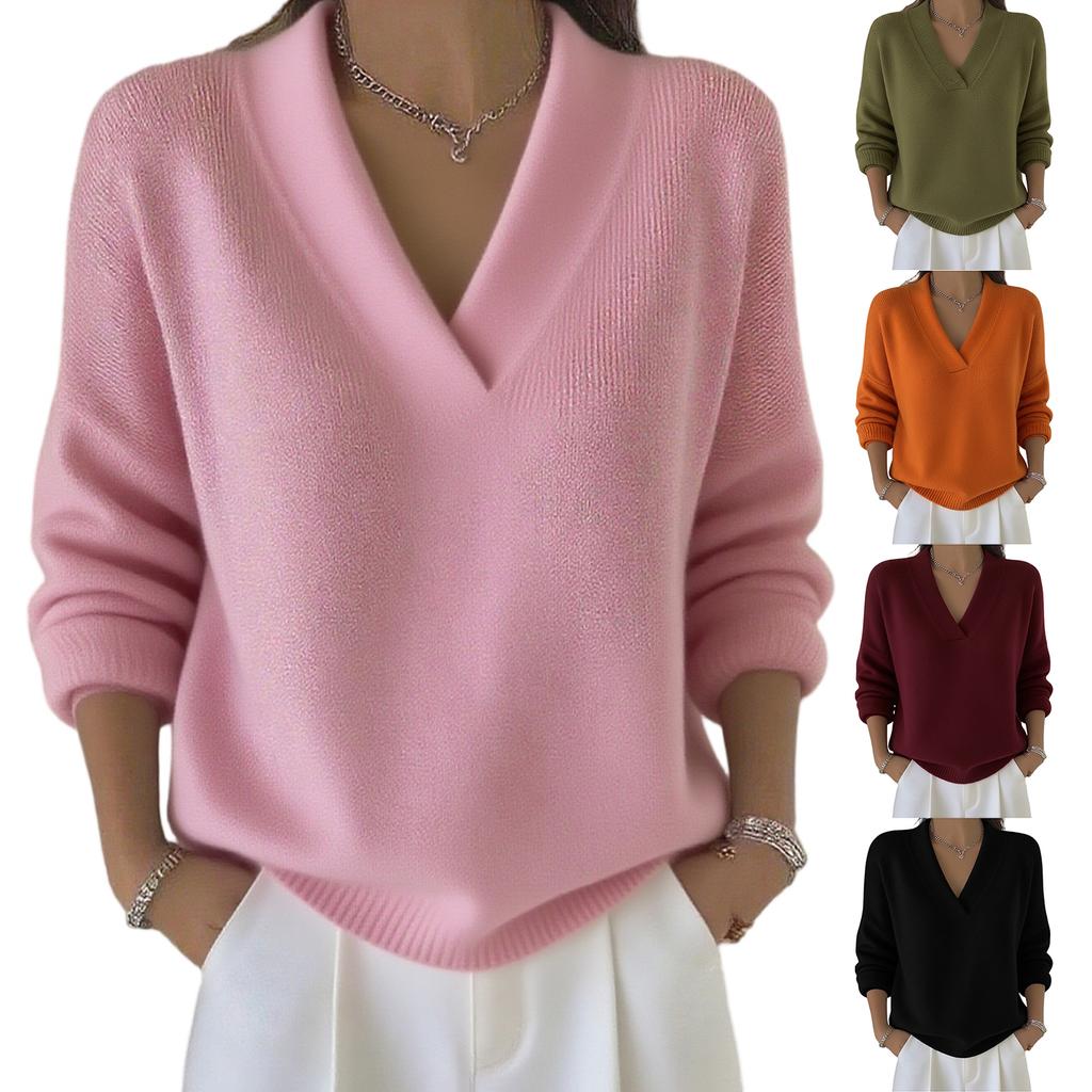 Women's Fashionable Long-sleeved Solid-color Pullover Knitted Sweater Top